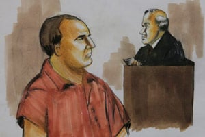 Courtroom drawing of David Coleman Headley, left. Dec. 9, 2009. (Verna Sadock/AP Photo)