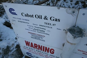 A Cabot Oil & Gas sign in Susquehanna County, Pa., taken last February. (Abrahm Lustgarten/ProPublica)