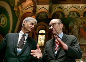 Alan Greenspan talks to Robert Rubin at the Conference on U.S. Capital Market Competitiveness in Washington in 2007. Jim Young / Reuters