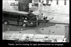 In this
 screenshot of the WikiLeaks video, the helicopter crew requests 
permission to fire upon an unmarked van.
