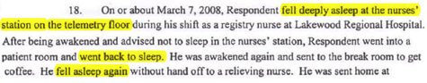An excerpt from a complaint by the California Board of Registered Nursing against nurse Kelvin Brown, who is accused of falling asleep repeatedly on the job.