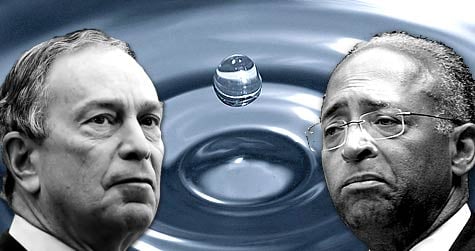 NYC mayoral candidate William Thompson criticized the state's tentative proposal to allow drilling in the watershed. Mayor Bloomberg's office said water safety is "not a fringe issue for this administration." Photo credit: Water drop (WikiCommons/Sven Hoppe), Mayor Bloomberg (Stephen Chernin/Getty Images), William Thompson (Reuters/Patrick Andrade)