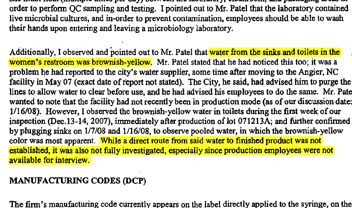 An FDA inspection reveals brown water coming from the faucets of the AM2PAT facility.