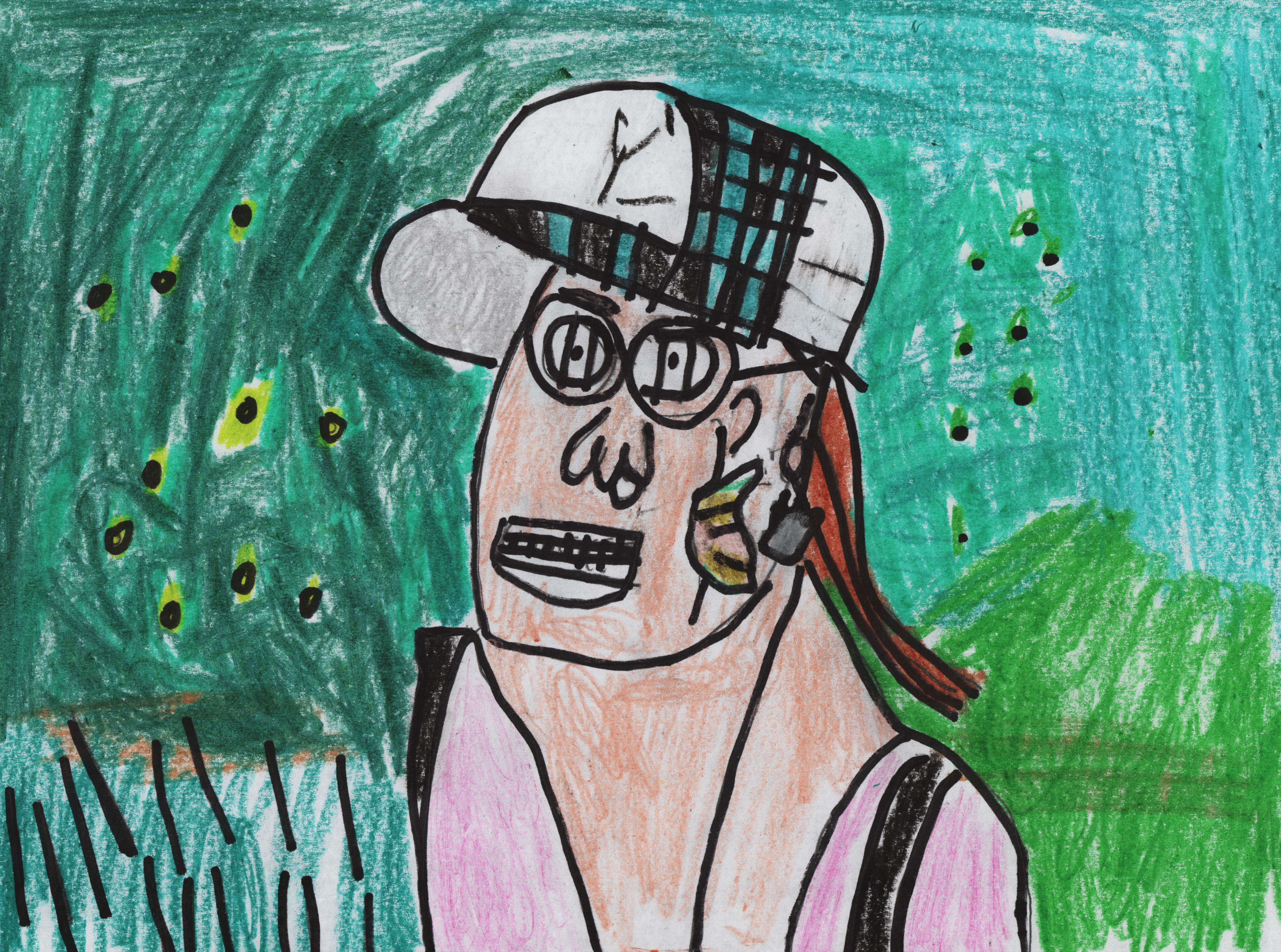 An illustration of a woman with a blue baseball cap and a butterfly painted on her cheek stands outside, looking to the left and smiling.