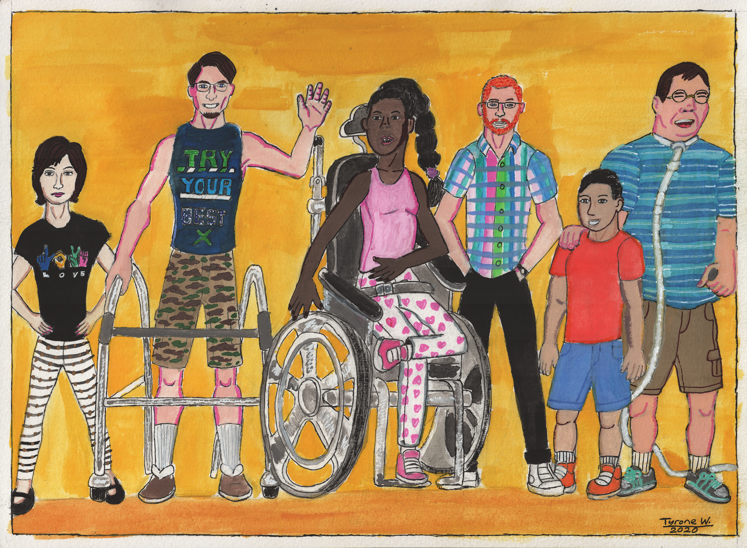 An illustration of seven people of varying ages, races and abilities, together against an orange background.