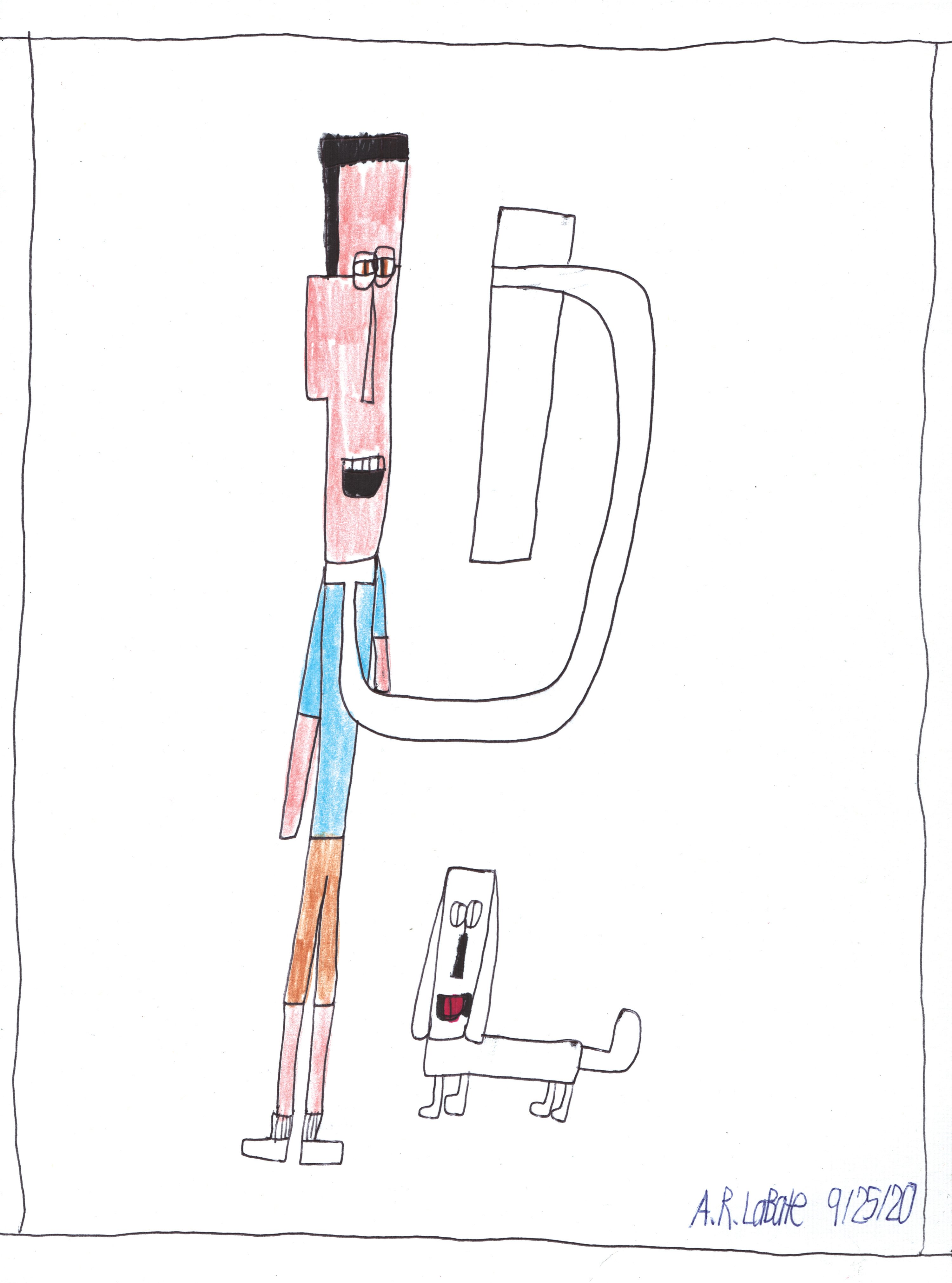 An illustration of a man wearing a blue shirt and brown pants wearing a ventilator. He is standing next to a dog; they are both smiling.