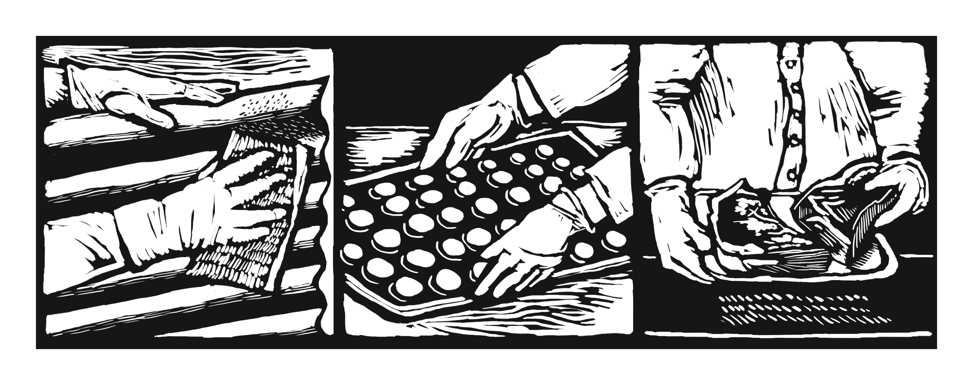 Ilustración en blanco y negro de tres escenas de fábrica. Cada escena muestra un par de manos trabajando. Izquierda: metal; medio: cargando una bandeja de dulces; derecha: empacando carne.