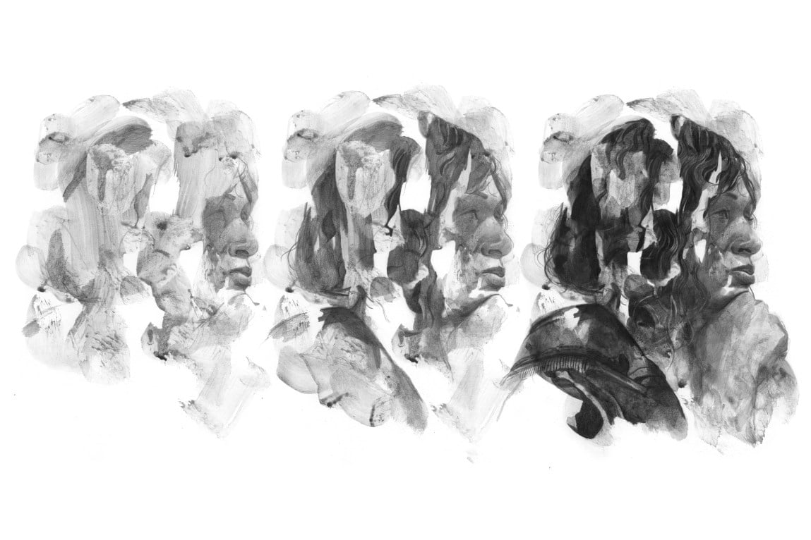 A series of three graphite portraits of a female judge.