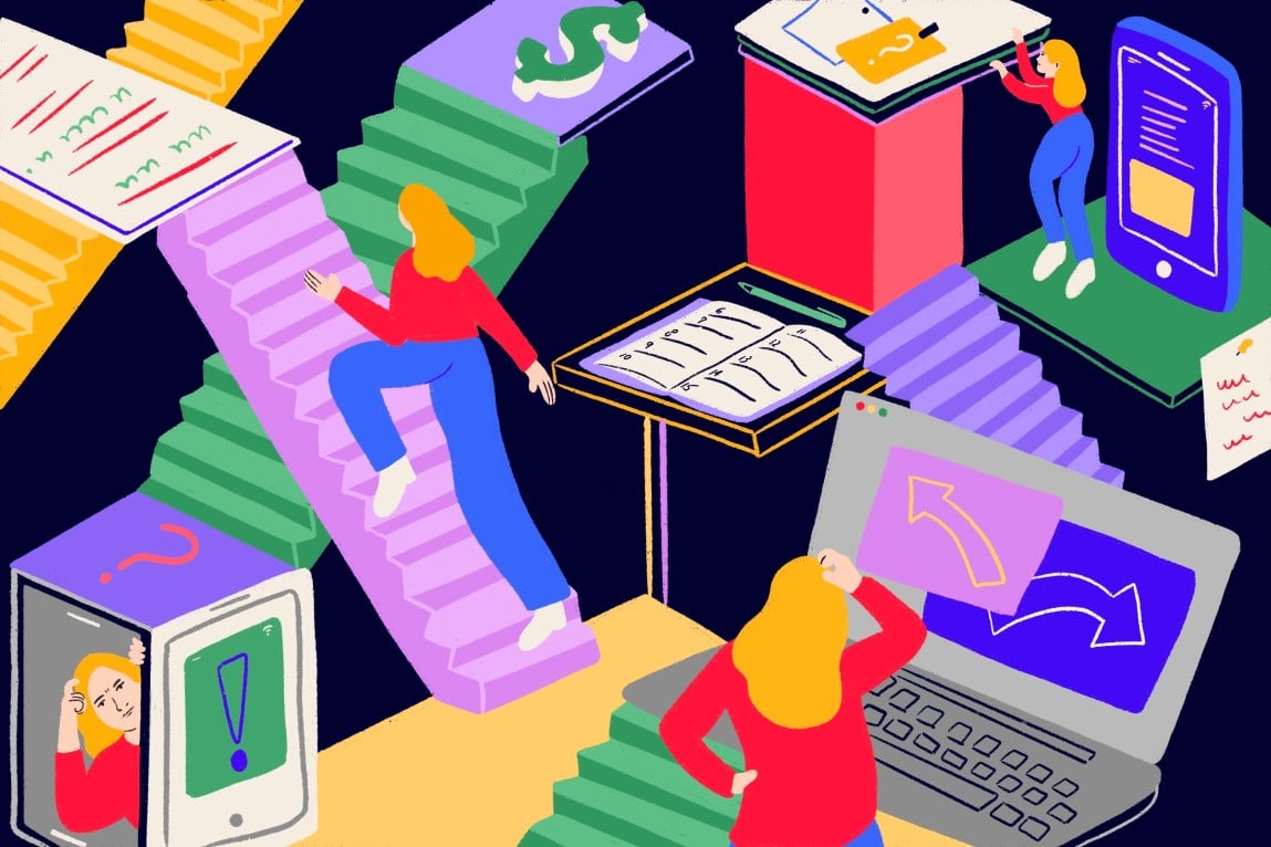 An illustration of a woman climbing staircases and navigating screens.