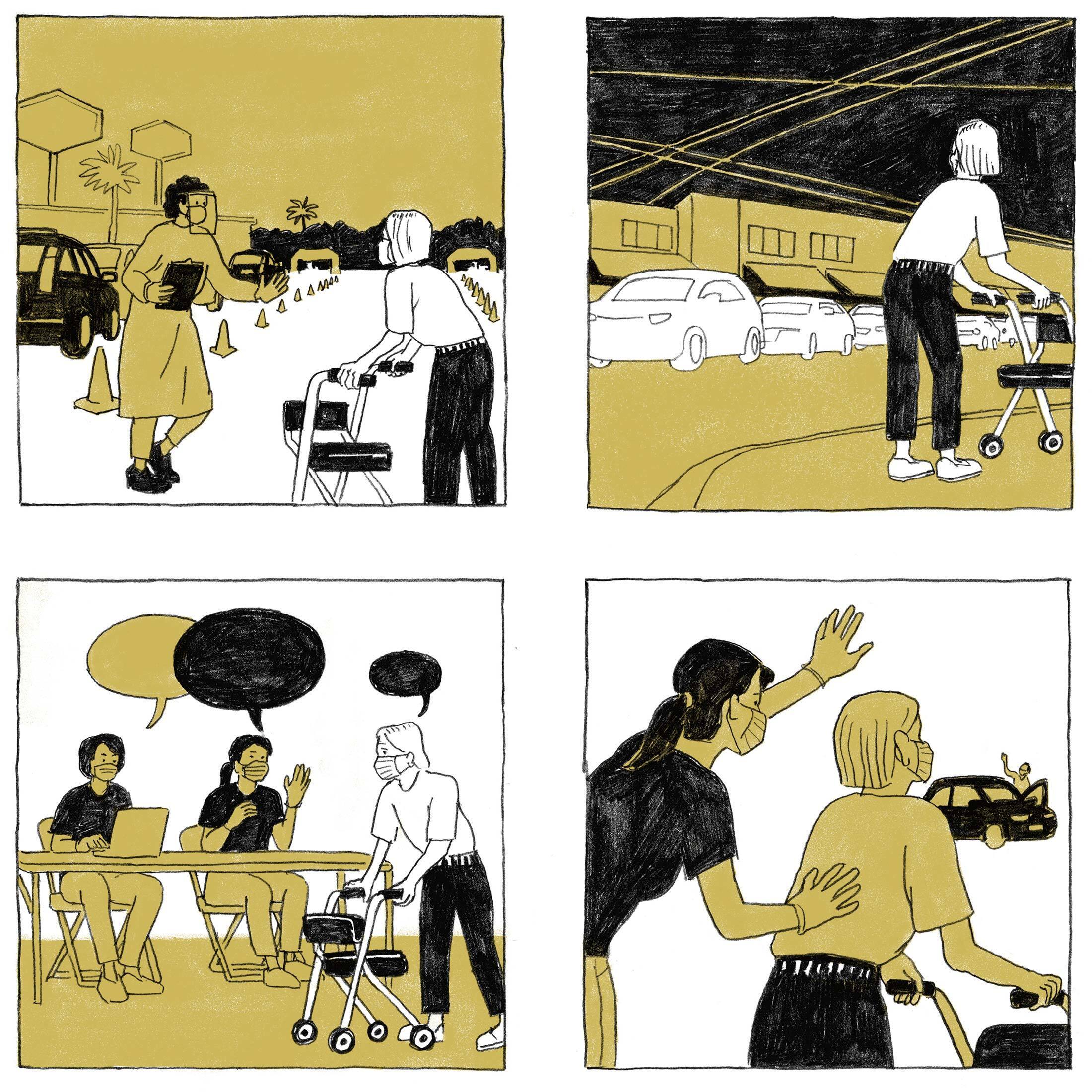 A woman with a walker is turned away from a drive-through vaccine site, until another woman finds her a ride service.