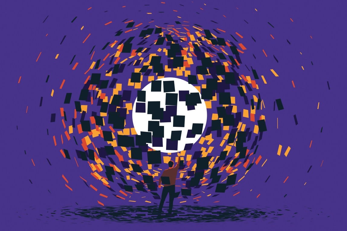 illustration of a figure standing below a light surrounded by square elements