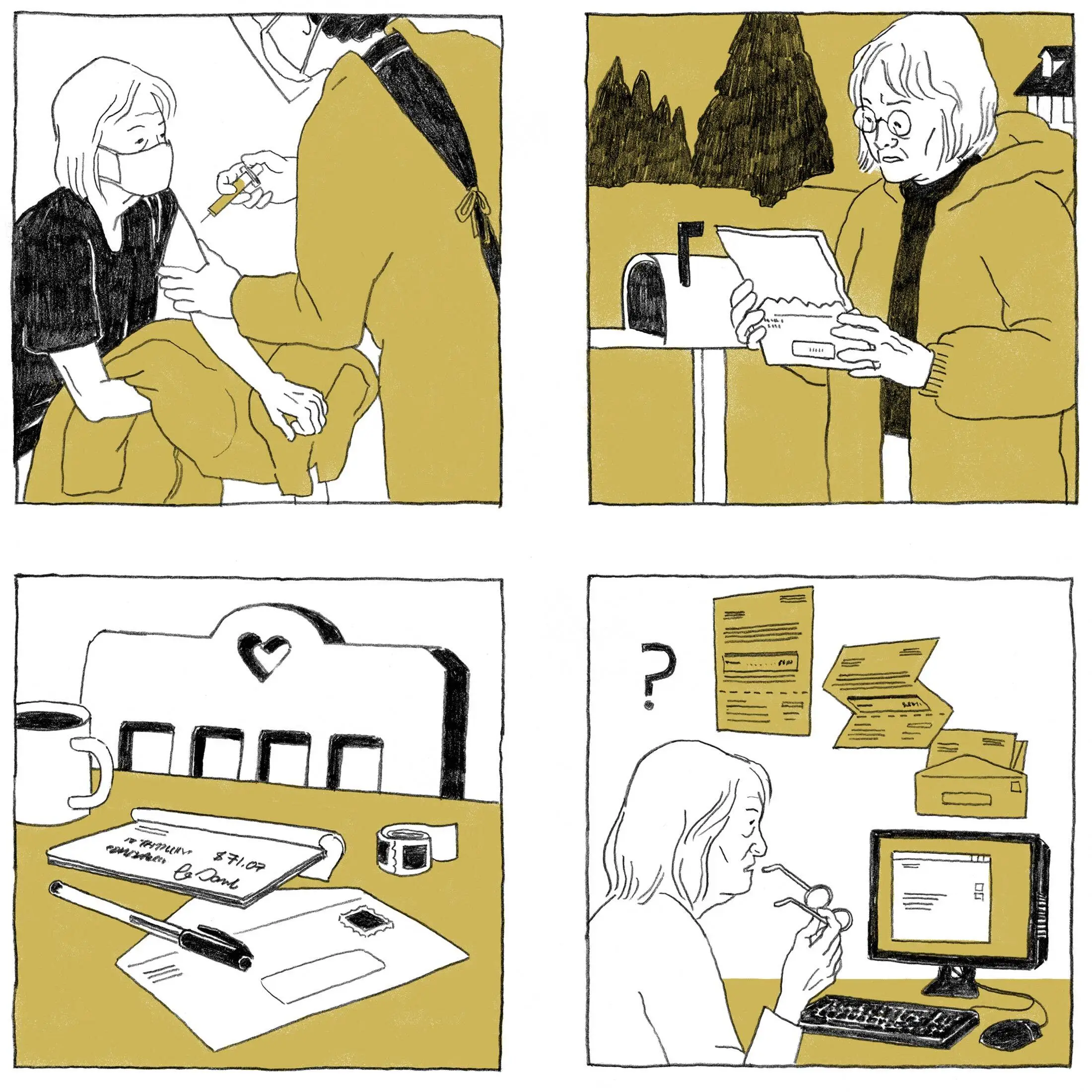 A woman frowns at a piece of mail she just retrieved from her mailbox.