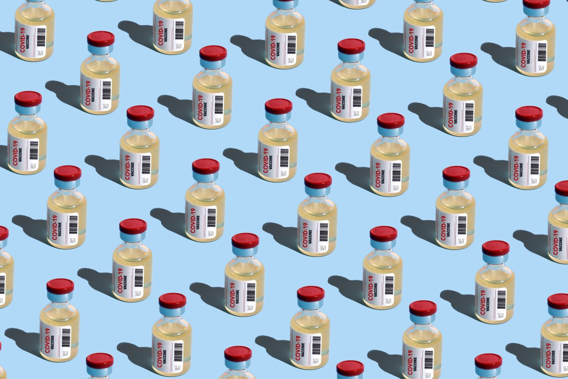 A grid of COVID-19 vaccine bottles.