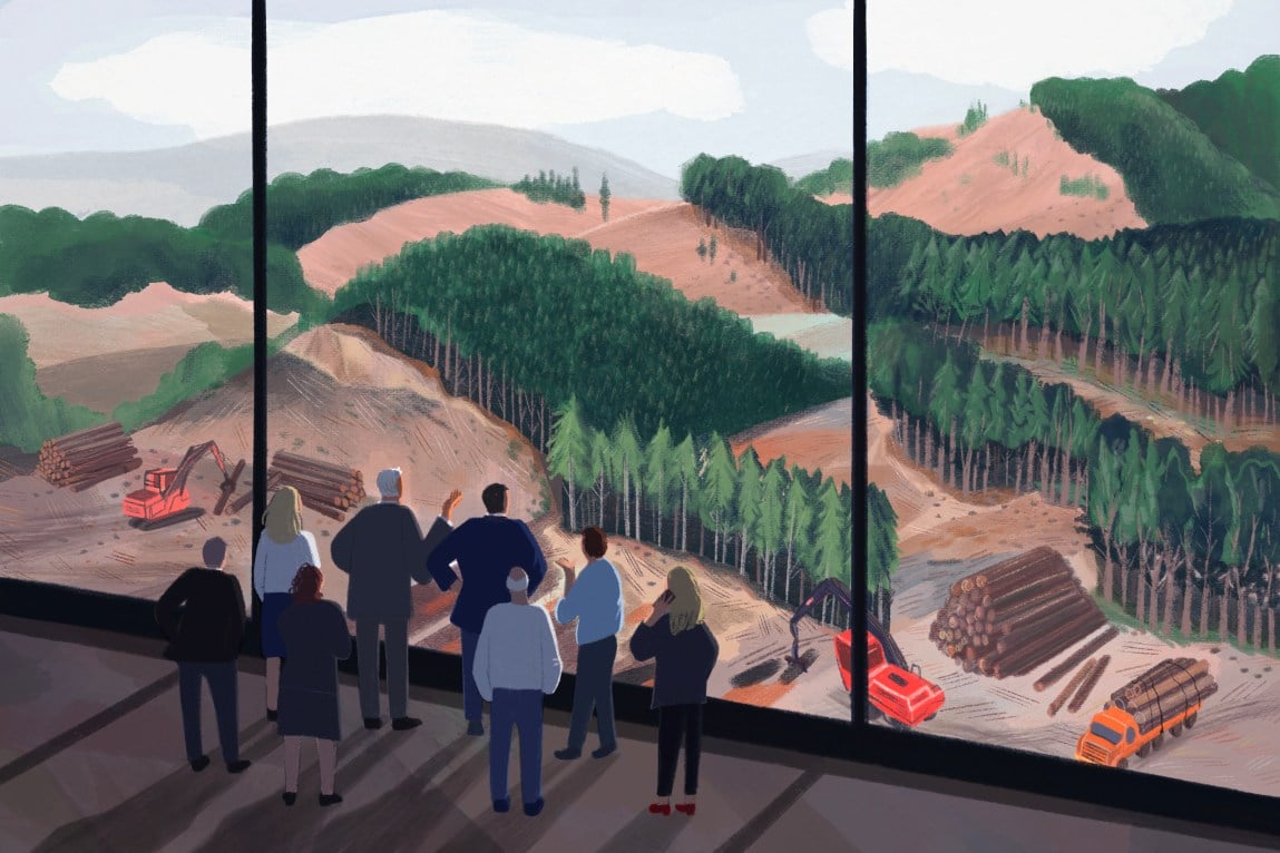 An illustration of people in businesswear looking out a wall of windows at a forest undergoing heavy logging.