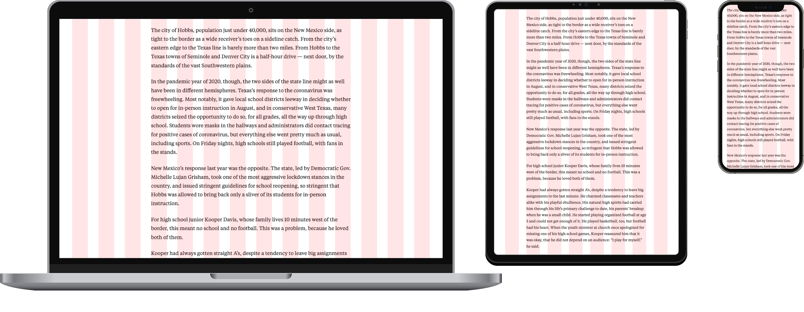 A laptop displaying a 14-column article layout grid, a tablet displaying an eight-column article layout grid, and a smartphone displaying a four-column article-layout grid