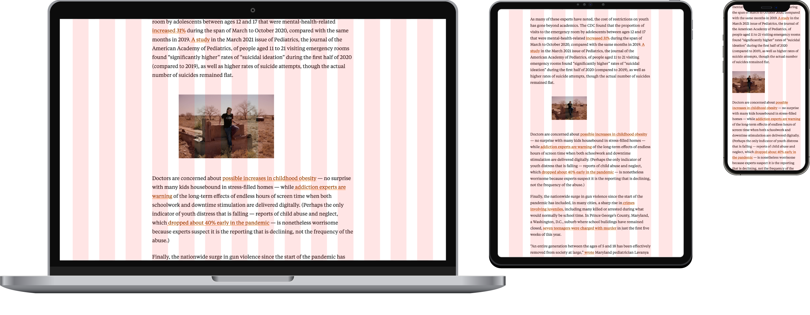 A laptop, tablet and smartphone, each displaying an indented image on an article layout grid
