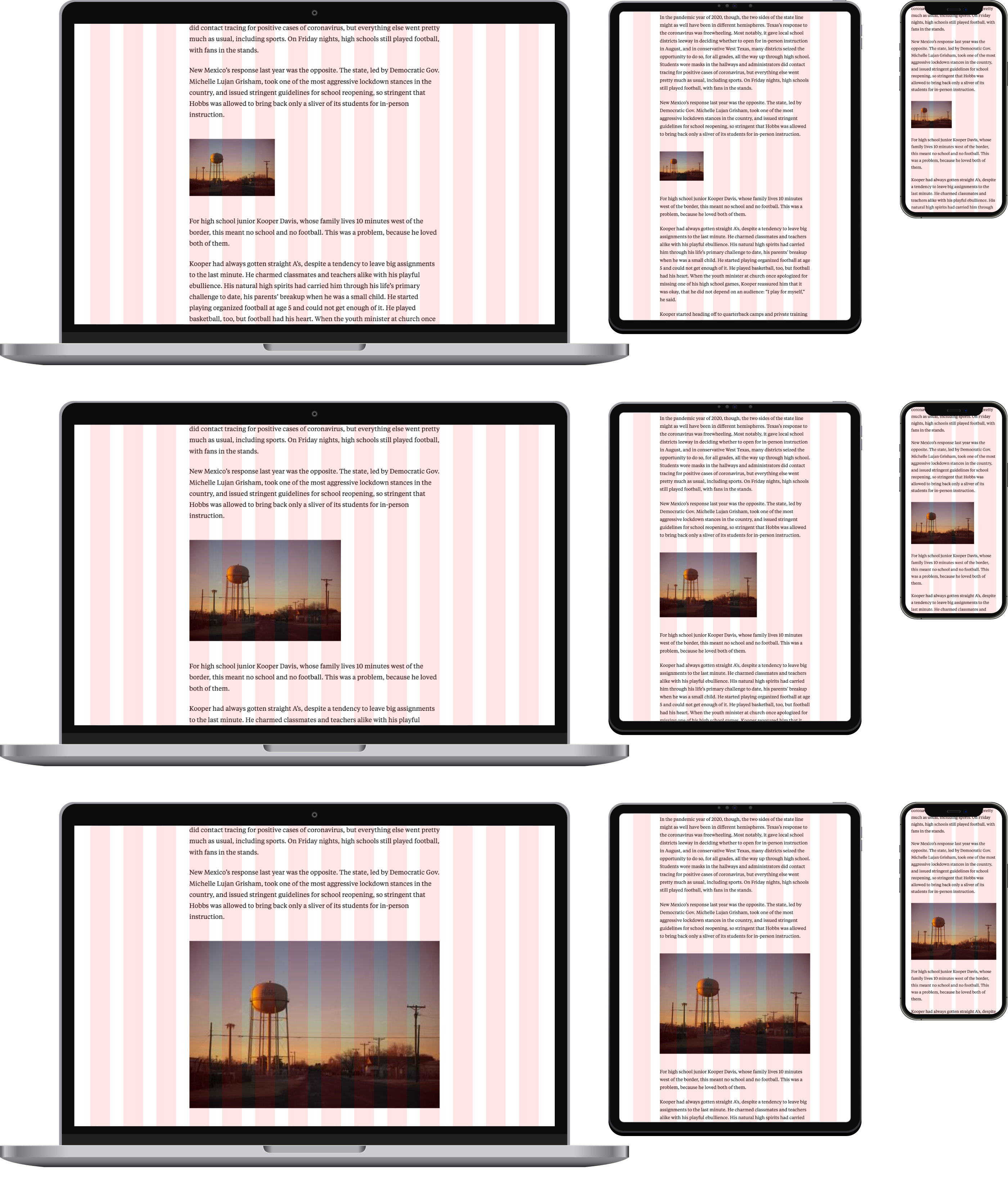 Three sets of laptop, tablet and smartphone, each displaying different sizes of an image on an article layout grid