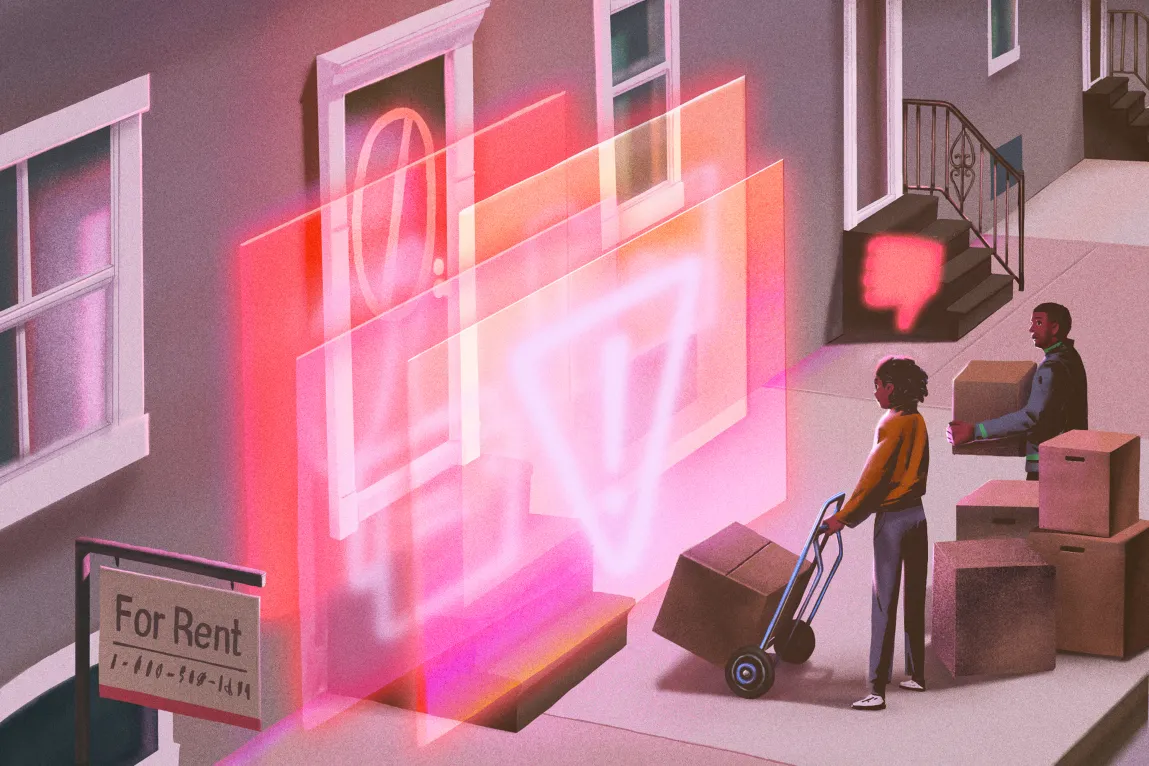 An illustration of two Black people standing on a sidewalk surrounded by moving boxes. Between them and the front door are several transparent pop-ups with 