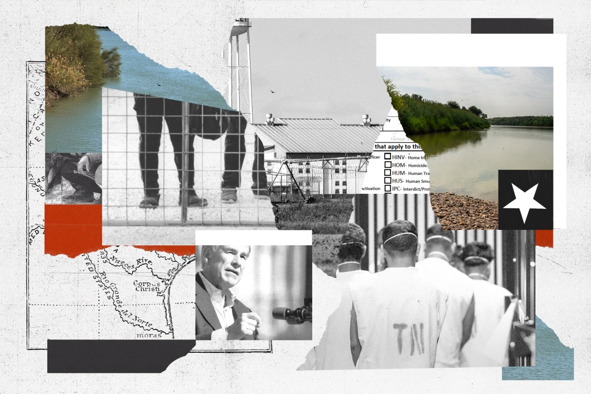 A collage of photos of Gov. Greg Abbott, detention facilities, paperwork, the Rio Grande and men in prison uniforms viewed from behind.