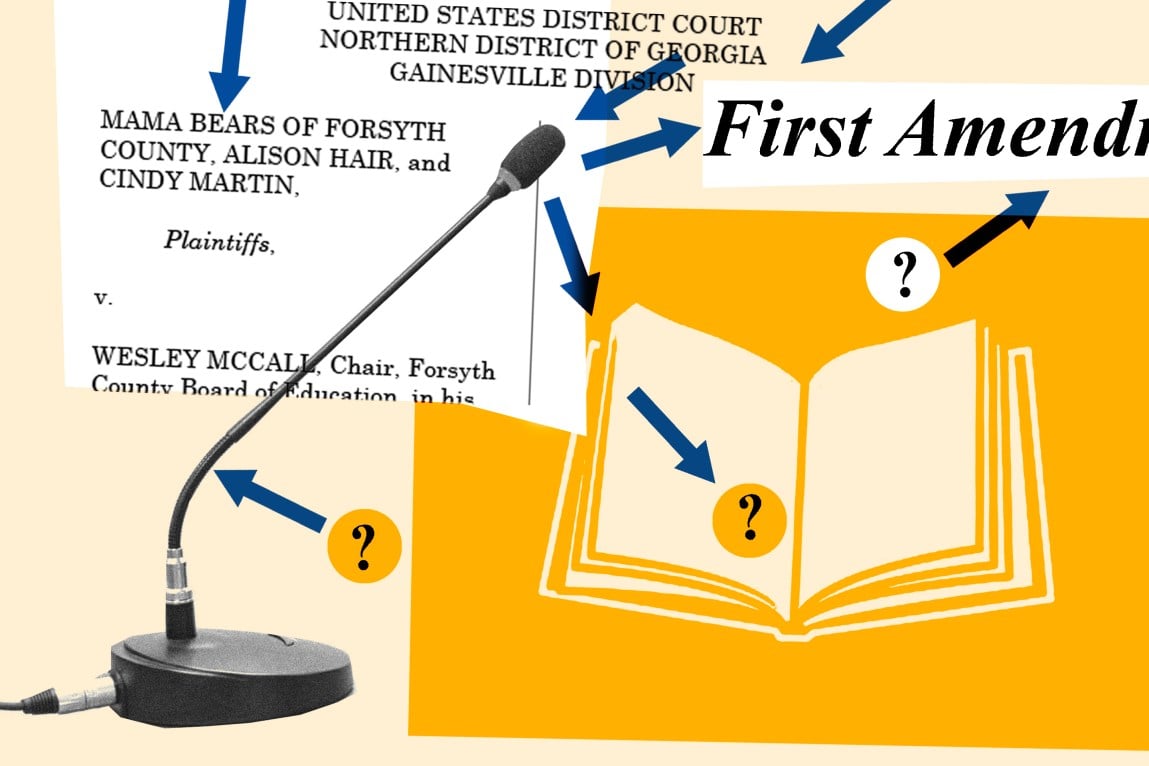 Decorative collage of a book, a microphone and an excerpt from a page of the lawsuit with blue arrows and question marks sprinkled around.