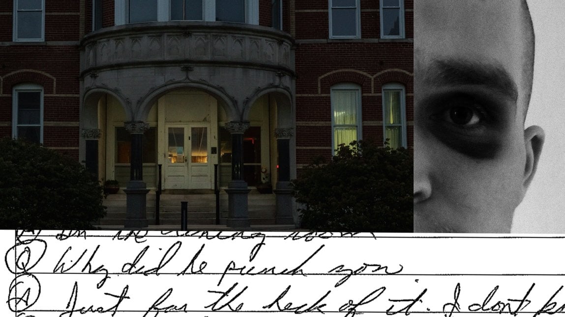 A collage of a brick building with white stone arches framing the door, part of a face with a dark shadow all around the eye, a handwritten note saying 