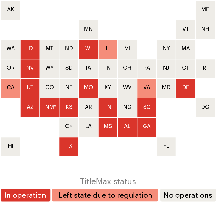 A map that shows states where TitleMax operates, where it has left due to regulation, and where there are no operations.
