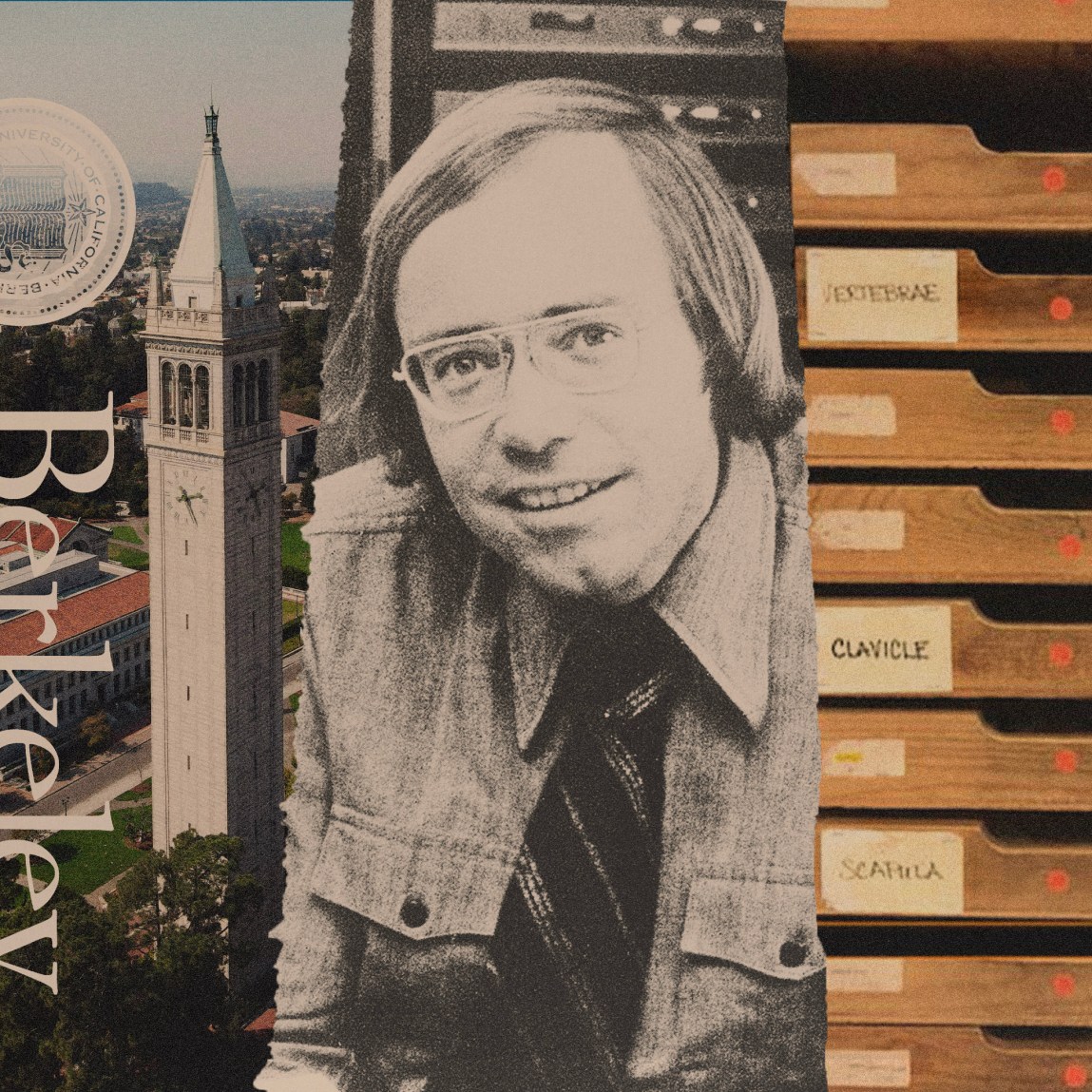 Collage of the UC Berkeley campanile, a man in a 1970s jacket and tie, and a set of drawers with labels including 