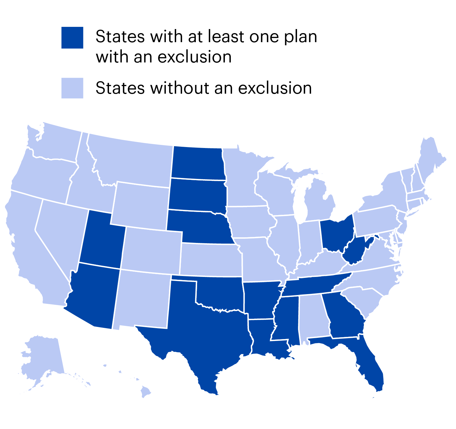 A map showing that much of the South, Ohio, the Dakotas, Nebraska, Utah and Arizona excluded gender-affirming care from a state health care plan.