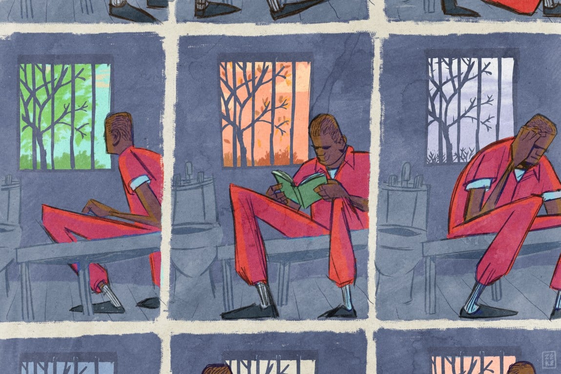 An illustration shows three panels of a Black man in a prison cell changing positions. The window in each panel changes, from green to orange to gray, to indicate seasons.