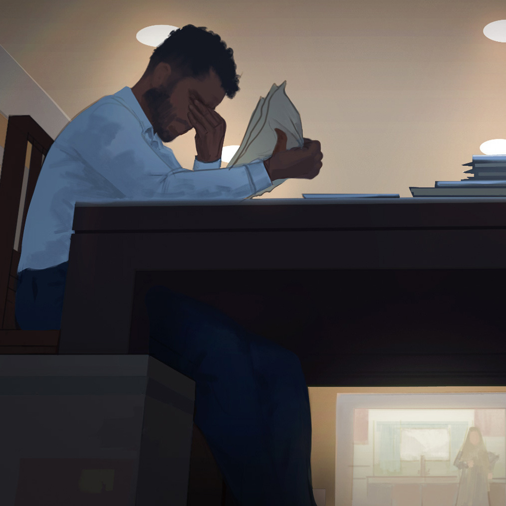 Illustration of a man holding one hand to his head while holding a sheaf of papers in the other.