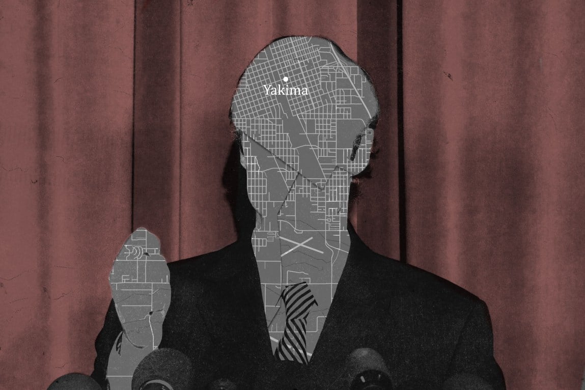 A photo illustration of a judge whose face has been replaced by a street map.