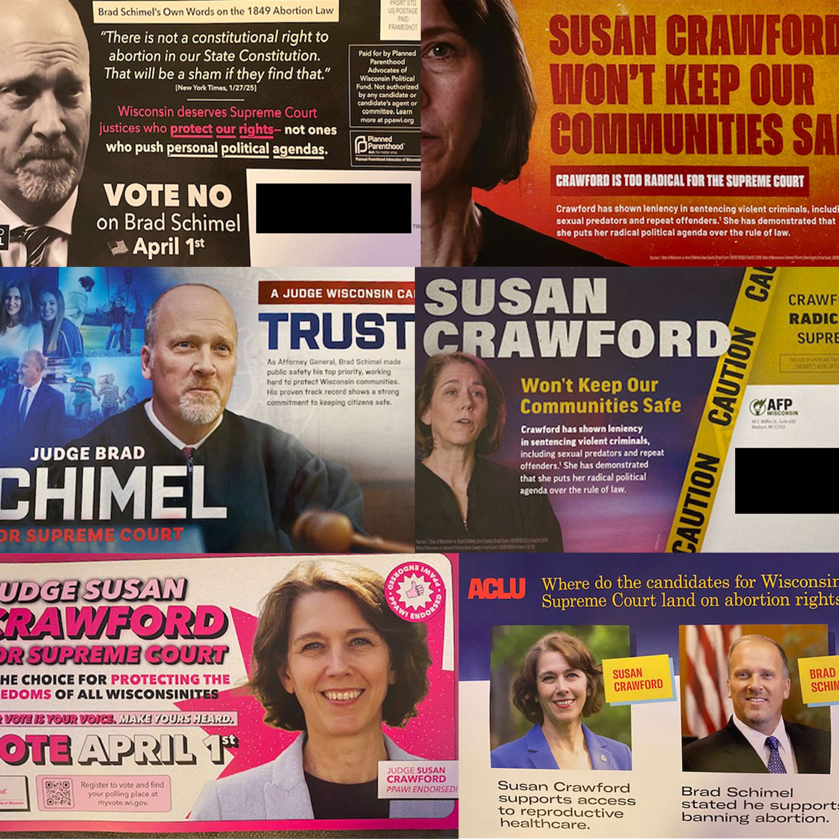 A photo collage of campaign mailers from the 2025 Wisconsin Supreme Court race.