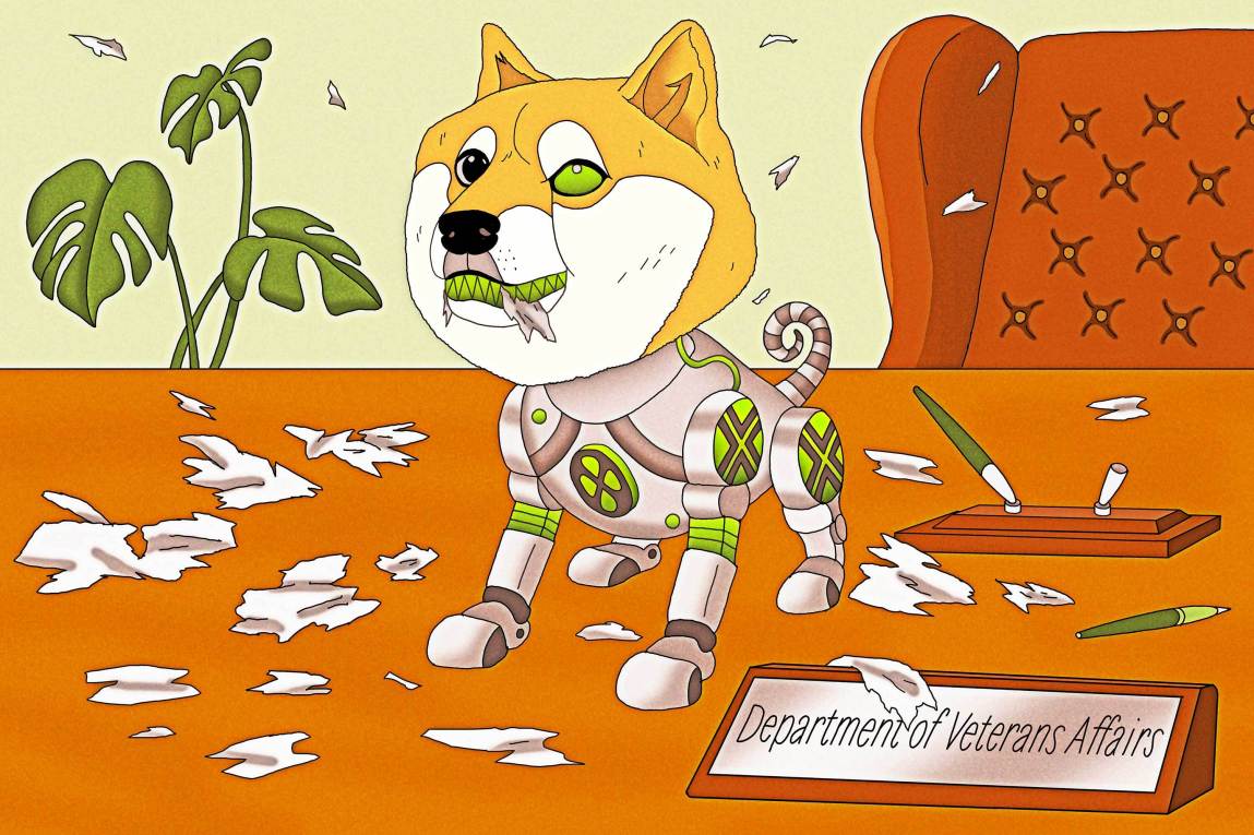 A cyborg shiba inu standing on a desk displaying a Department of Veterans Affairs nameplate, surrounded by shredded paper.