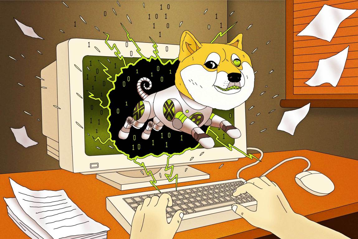 A cyborg shiba inu leaping out of a shattered desktop computer monitor scattering neon-colored binary code and paperwork around a workstation, in front of a user with hands on a keyboard.