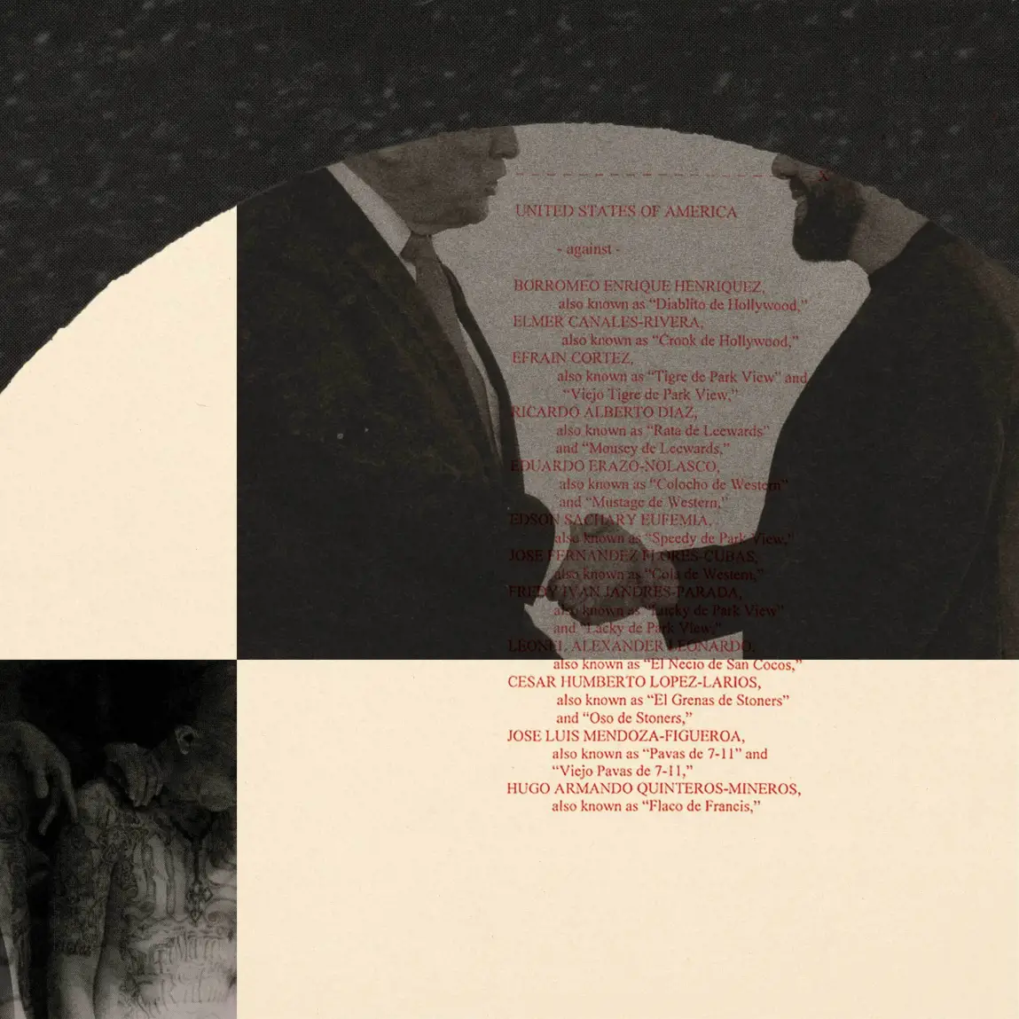 A collage depicting a photo of President Donald Trump shaking the hand of Salvadoran President Nayib Bukele, overlaid with the text from a court filing about members of MS-13. At lower left is a smaller photo of a shirtless tattooed man with his face obscured outside of the frame.