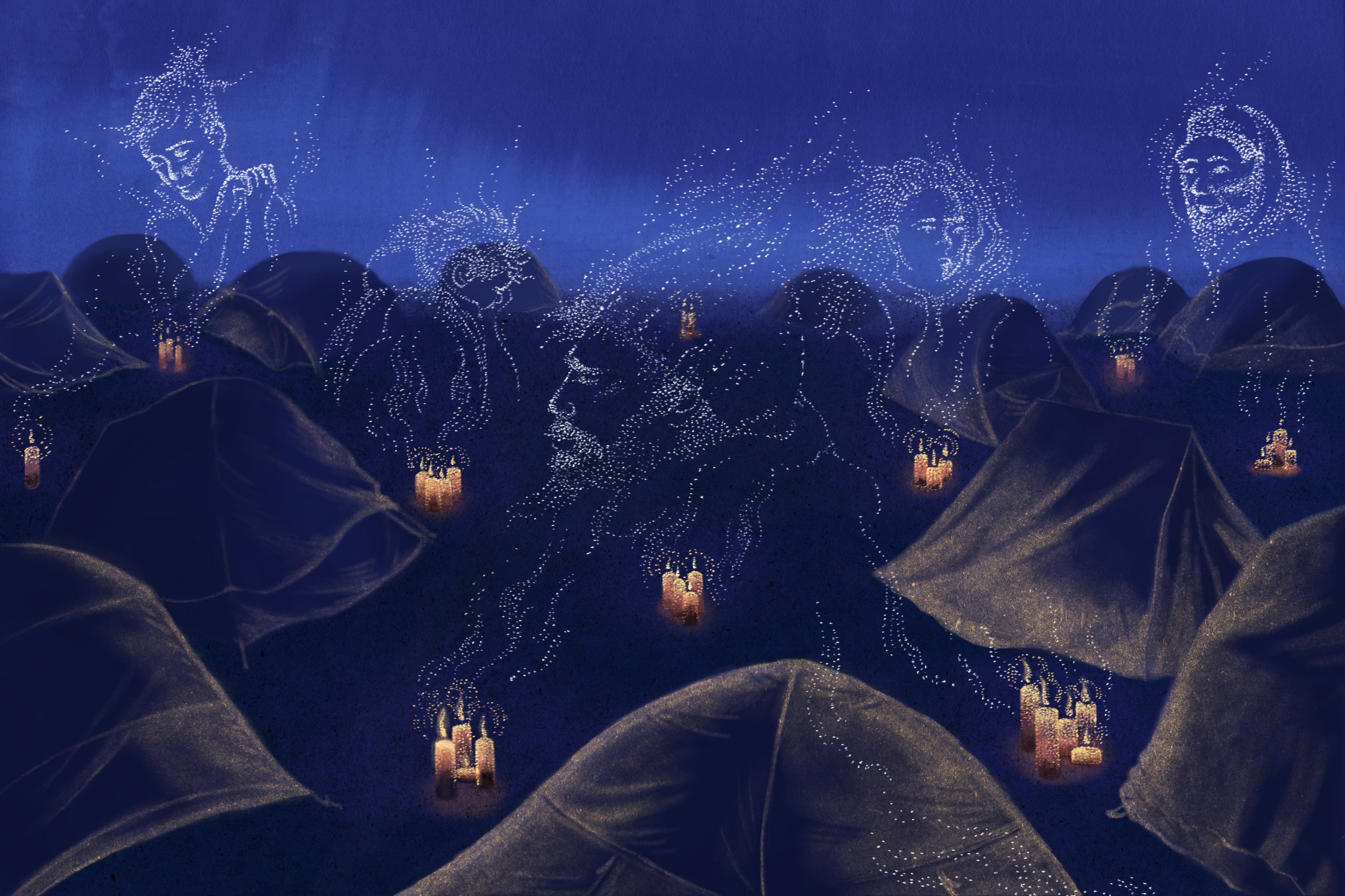 An illustration of tents in an encampment with vigil candles. The smoke from the candles forms various portraits of people rising above the tents.