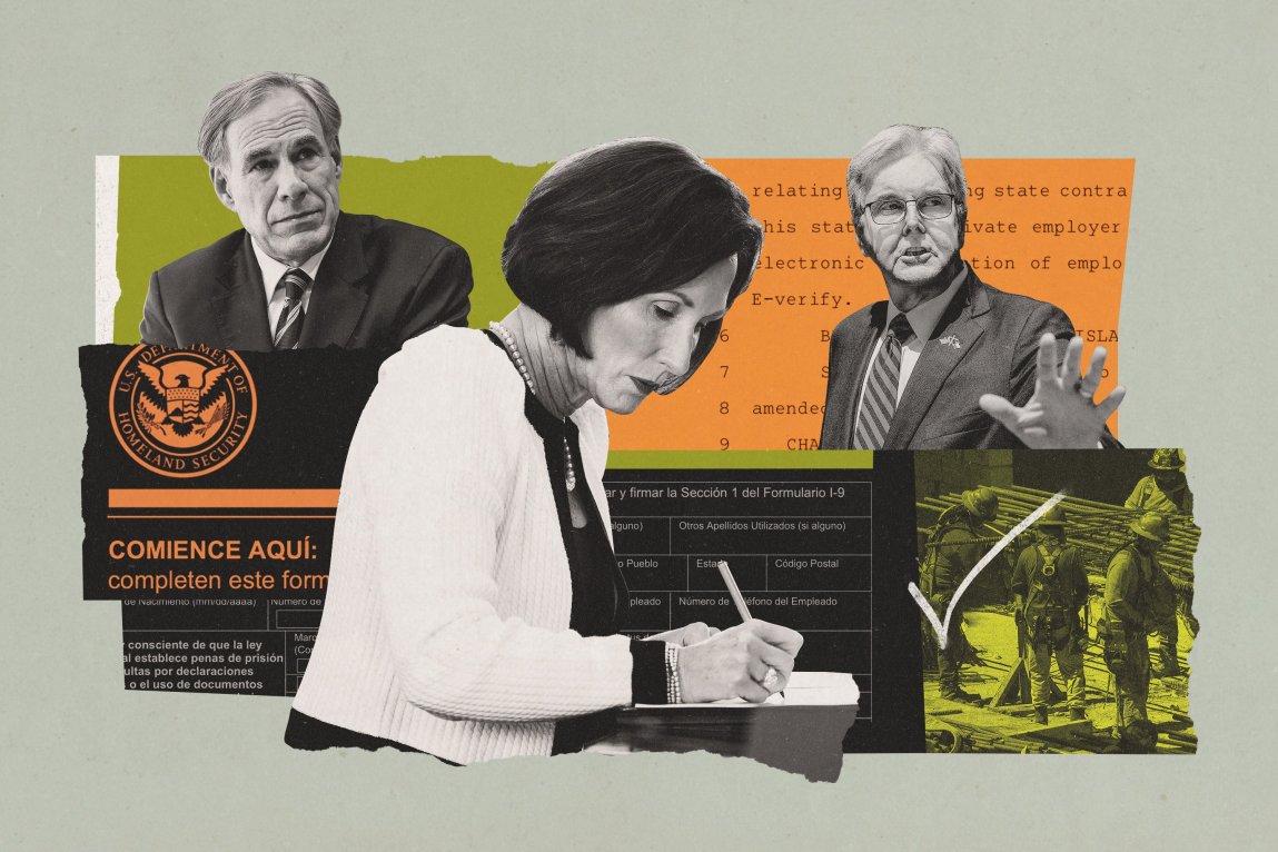 A photo illustration showing Texas politicians superimposed against images of immigration documents and construction work, in a pattern that mimics torn paper, in green, orange, and black and white.