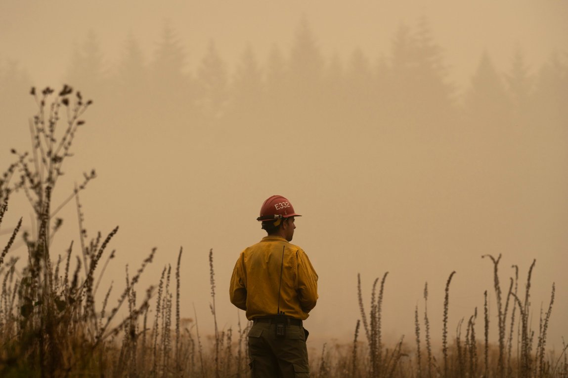 A firefighter looks out onto brush and smoky skies with a partially obscured tree line in the background.