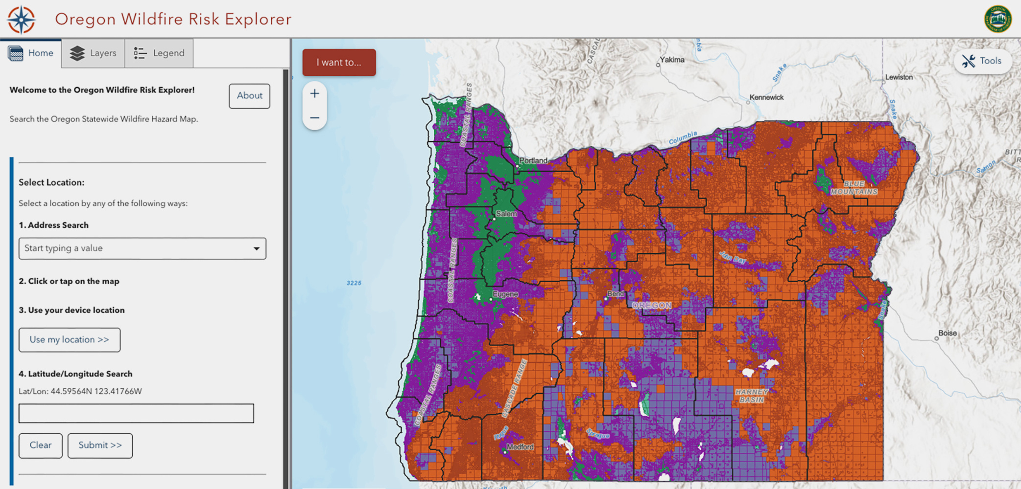 A map of Oregon with almost all of the state’s land area in either orange or purple.