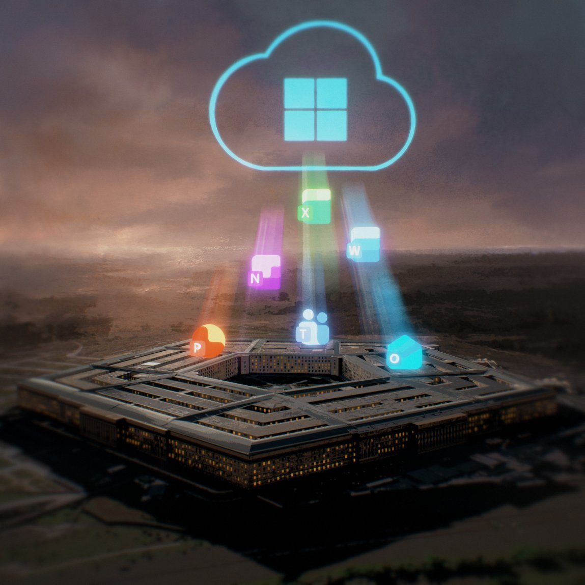 An illustration of the Pentagon with a cloud bearing the Microsoft logo hovering above it. Logos for various Microsoft cloud applications are raining down from the cloud onto the Pentagon.