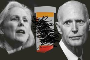 A photo collage showing Kirsten Gillibrand and Rick Scott flanking a prescription bottle with a label that is obscured by a heavy black scribbled mark.