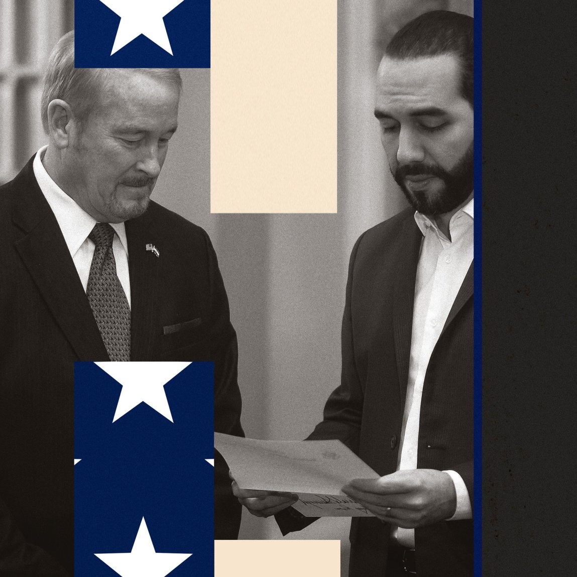 A photo illustration centered on U.S. Ambassador Ronald D. Johnson Salvadoran President Nayib Bukele looking down at a piece of paper. Layered on top of the photo are blocks of color including blue with white stars resembling the United States flag.