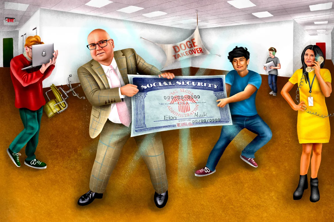 A humorous illustration of Leland Dudek, former acting commissioner of the Social Security Administration, and Akash Bobba, a DOGE employee, tugging on opposite sides of a large Social Security card with Elon Musk’s name on it. They are in a frenzied office with a banner reading “DOGE Takeover” on the wall.