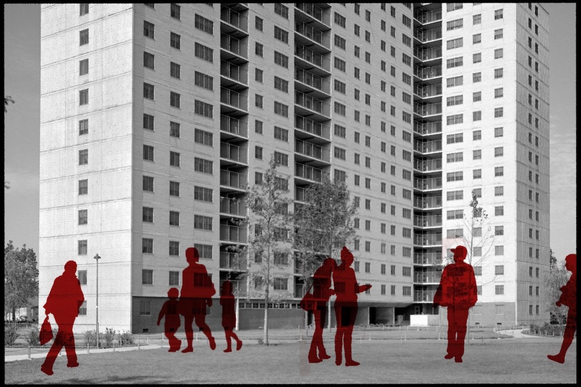 Red silhouettes of people in front of a black-and-white image of an apartment building.