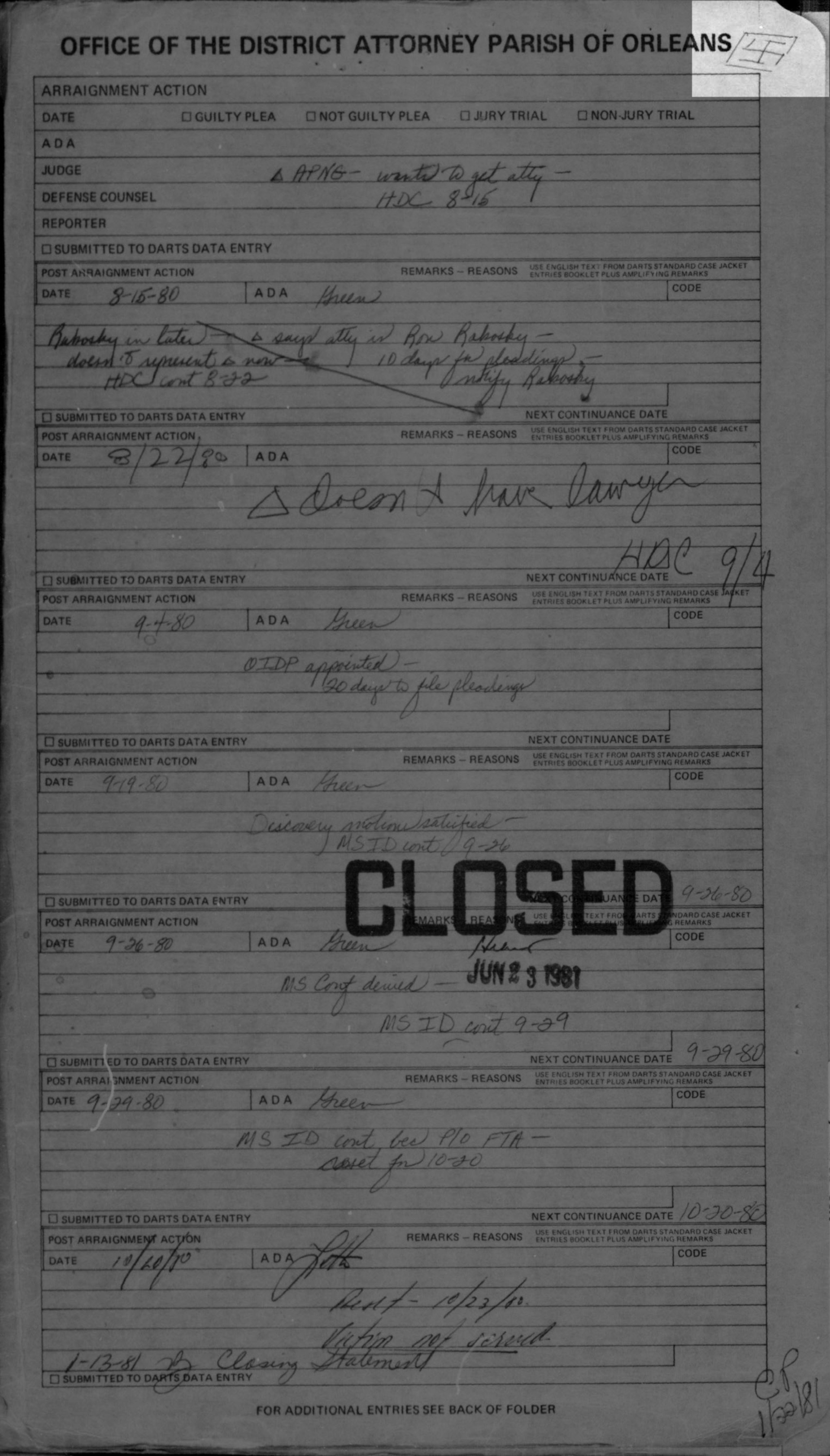 A file with the title “Office of District Attorney Parish of Orleans” with a small hand drawn swastika on the top right corner and the stamped words “Closed June 23 1981.”