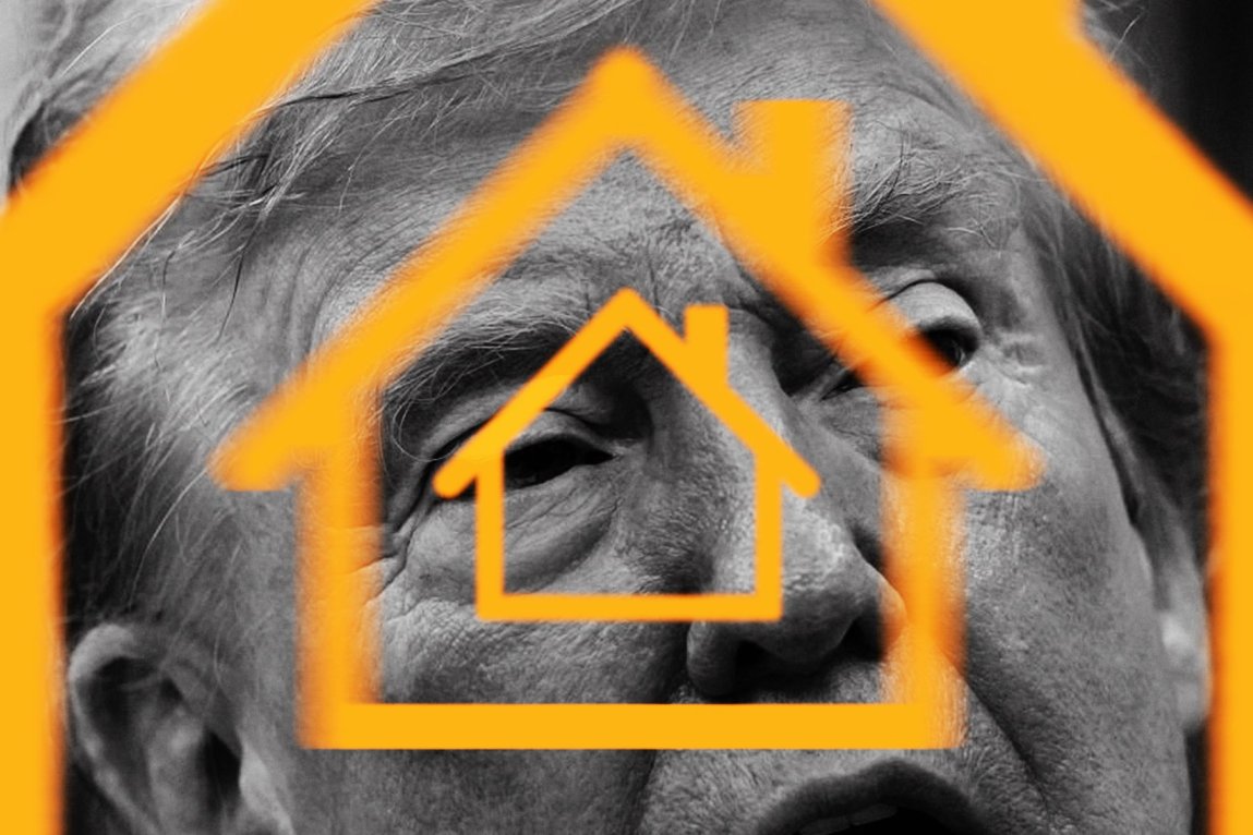 A collage featuring a black and white image of Donald Trump with orange outlines of houses emanating from the center of his face.