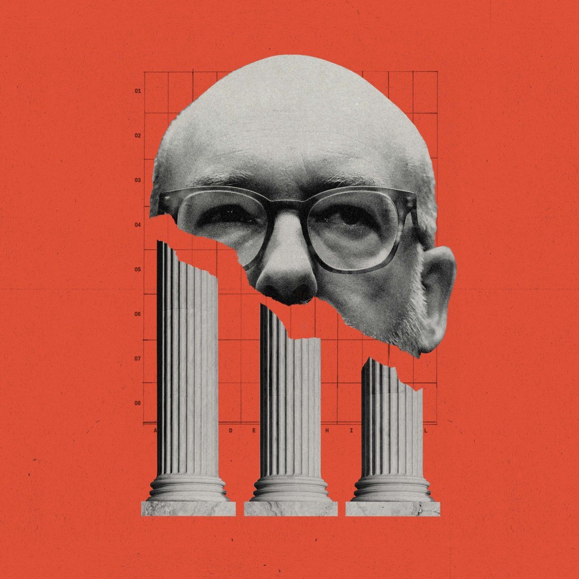 Russ Vought’s face collaged over cracking columns.