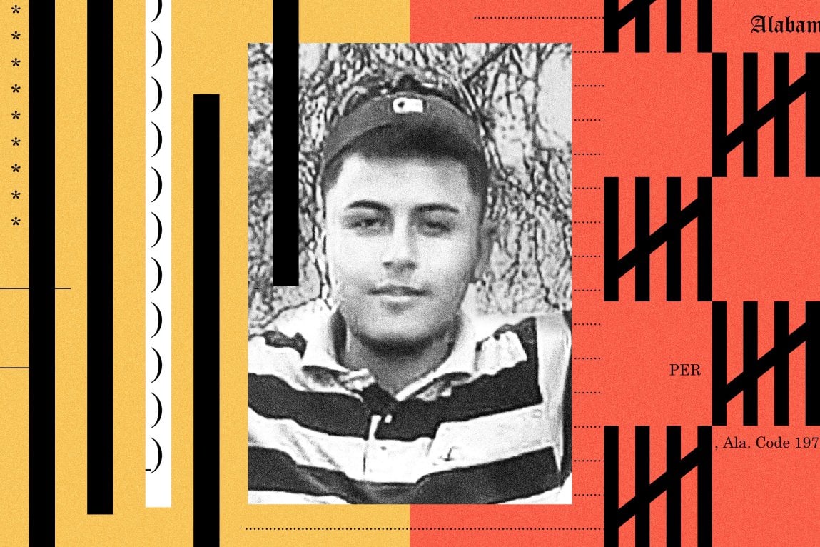 A collage with a black-and-white photo of a young man wearing a striped shirt outside, tally marks and fragments of text from the Alabama legal code.