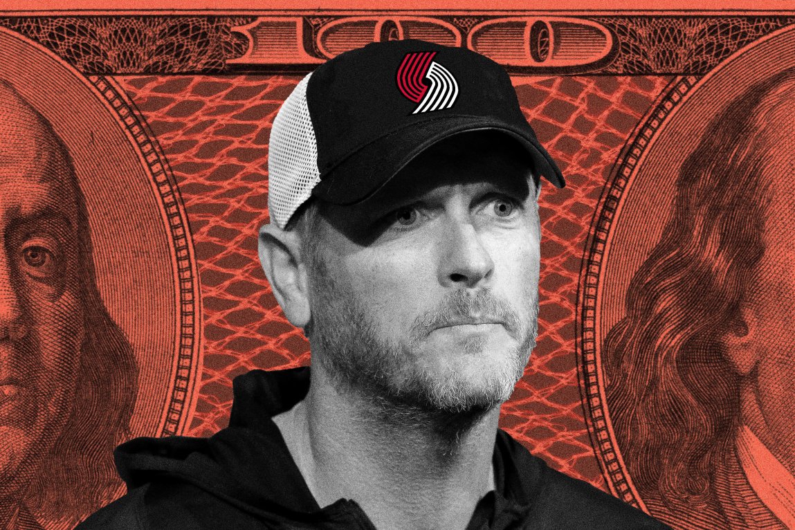 Illustration of a man wearing a baseball cap with the Portland Trail Blazers logo in front of a background with a $100 bill and a basketball net.