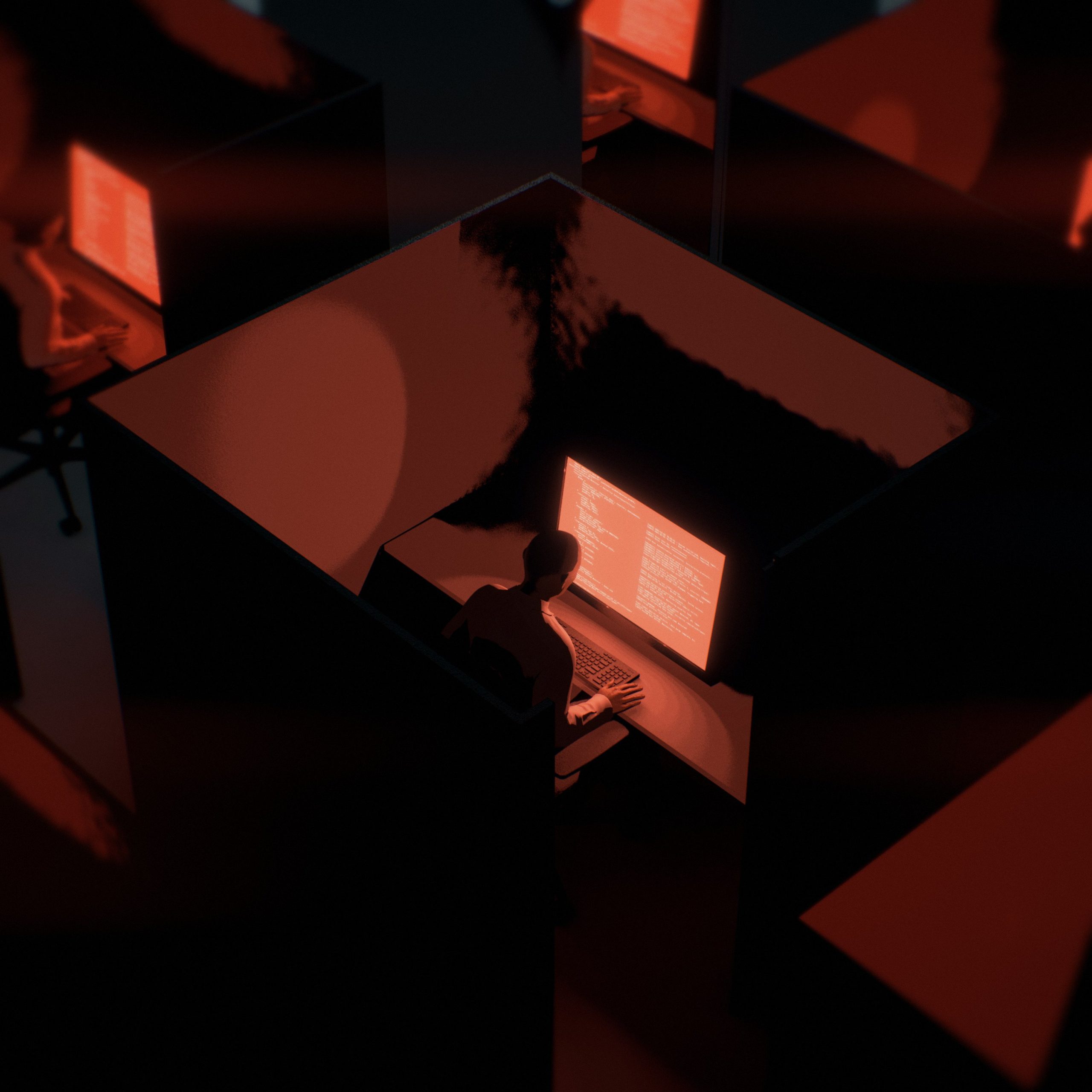 An illustration of workers in glowing red cubicles looking at code on their computers.